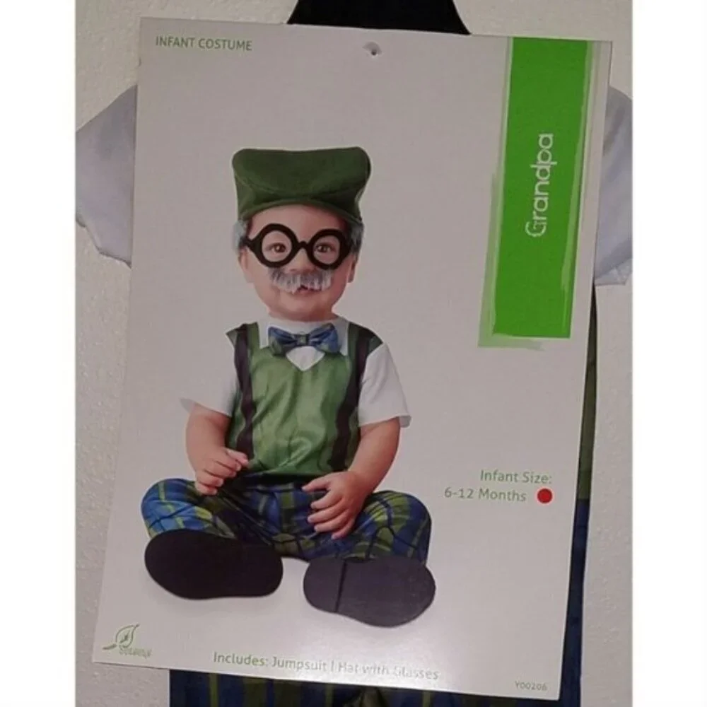NEW Grandpa Halloween Costume Baby Boy 6-12 Months Jumpsuit Hat With Glasses